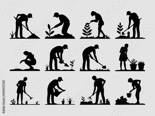 Collection of diverse human figures engaged in various gardening activities like digging planting watering and tending to plants in a striking black silhouette style