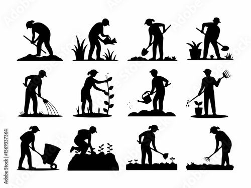 Collection of twelve diverse gardening activities depicted as black silhouettes including planting watering digging and raking in a stylized silhouette style