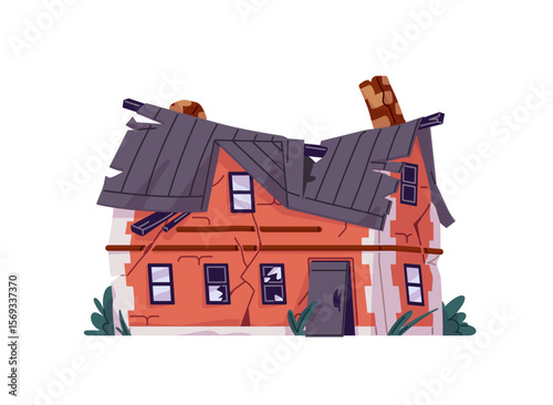 Destroyed building with broken windows, damaged walls, collapsed roof. Abandoned house after natural disaster. Old city ruins for demolition. Flat isolated vector illustration on white background