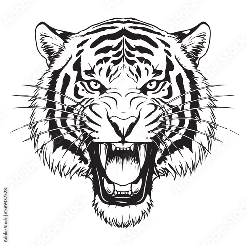 Roaring Tiger Head Vector Illustration in Black Ink, AI generator