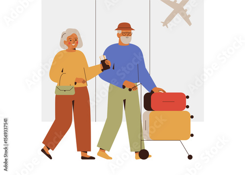 senior couple go with full luggage cart at the airport. Grandparents with suitcases and tickets in hands in the hall departure terminal. Elderly family travel on summer holiday. Vector illustration