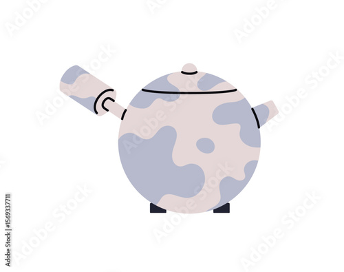 Teapot with spotted pattern to boil water for preparing herbal beverages. Modern kettle for cooking hot drink, coffee. Fashion infuser tea pot to brew herbs. Flat isolated vector illustration on white