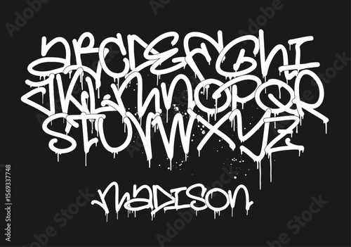 Urban graffiti marker font with drips, street art tag alphabet and dynamic splatter set