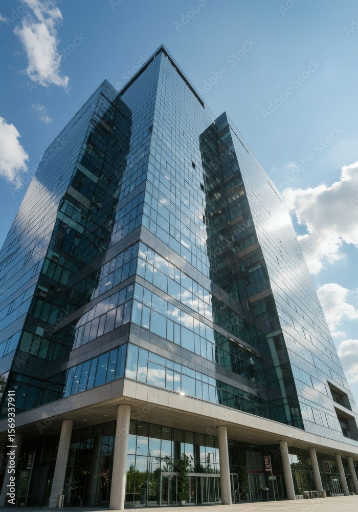 A modern skyscraper rises majestically against a vibrant blue sky dotted with fluffy white clouds in an urban skyline. A modern skyscraper rises majestically against a vibrant blue sky dotted with fluffy white clouds in an urban skyline.