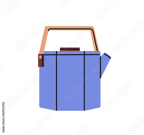 Stylish blue tea pot with handle. Metal teapot to boil water for hot drinks. Fashion kettle to brew coffee, herbs, preparing herbal beverages. Flat isolated vector illustration on white background