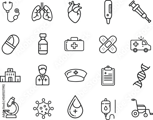 Minimalist Medical Healthcare Outline Icons Set – 20 Thin Line Symbols
