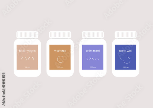 Various bottles showcasing vitamins and micro elements are arranged aesthetically, highlighting their unique benefits for health and wellness in a neutral background