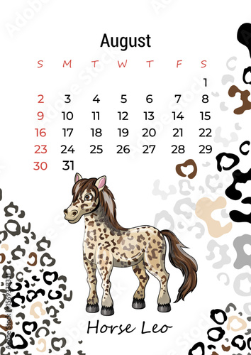 Calendar 2026 horse leopard august