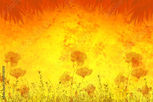 Burning Fire Scene with Autumn Nature and Floral Elements