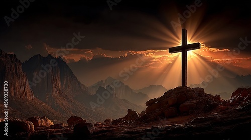 Sunset Cross Mountain Landscape Faith Hope.