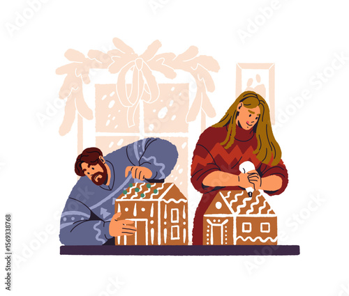 People in ugly sweaters are making gingerbread houses. Couple is preparing for Christmas together. Man and woman are cooking for Xmas, winter holiday. Flat isolated vector illustration on white