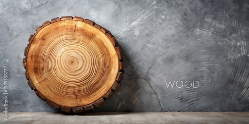 A circular slice of wood with prominent growth rings rests against a textured wall