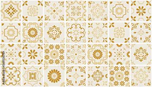 Gold Beige Portuguese Azulejo Tiles Vector Seamless Pattern, Wallpaper Geometric Mosaic Set, Large Size Traditional Mediterranean Italian Floral, Spanish Ceramic or Mexican Talavera Ornaments