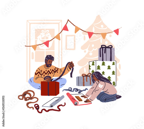 Happy family is wrapping Christmas gift boxes together. Parent and child wrap Xmas presents. Father and kid are preparing for winter holidays. Flat isolated vector illustration on white background