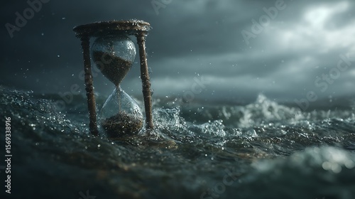 Fototapeta Naklejka Na Ścianę i Meble -  Hourglass in Ocean Water Under Stormy Sky Time Concept