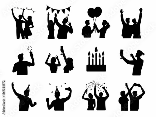 A diverse set of black vector silhouettes of people, including business figures, dancing women, and children, perfect as pictograms or icons