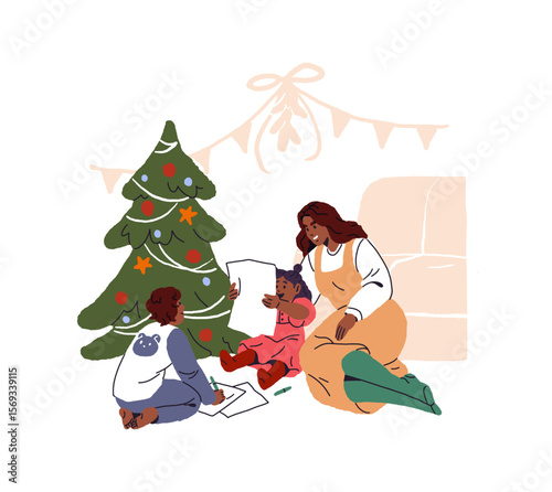 Happy family is writing Xmas letters to Santa Claus. Mother and kids sit near Christmas tree, painting. Mom and children are preparing for winter holiday. Flat isolated vector illustration on white