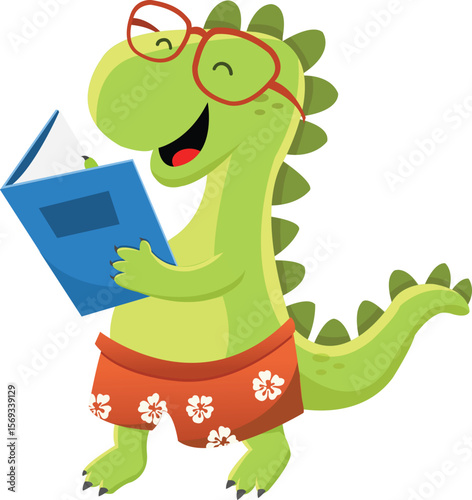 Cute Dinosaur Reading Book With Joy