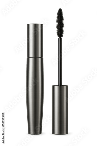 Black mascara with brush and transparent background for beauty products