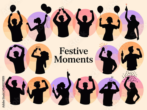 Collection of diverse people celebrating and toasting with champagne glasses and balloons in a festive silhouette style
