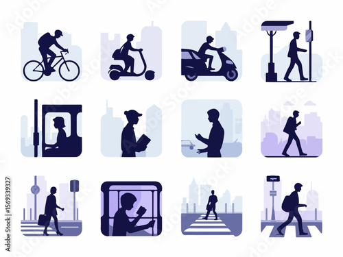 Collection of urban transportation and daily life activities depicted as distinct silhouettes against city backgrounds silhouette