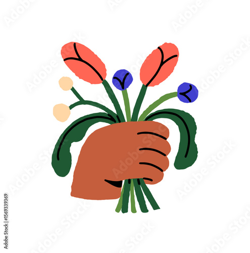 Black person holds bouquet of flowers. Human hand with floral gift, posy of wildflowers. Bunch of red tulips, blooming meadow plants, leaves. Flat isolated vector illustration on white background