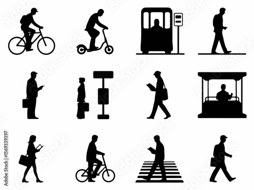 Collection of diverse urban transportation and pedestrian icons featuring people cycling riding scooters waiting at transit stops and walking in silhouette