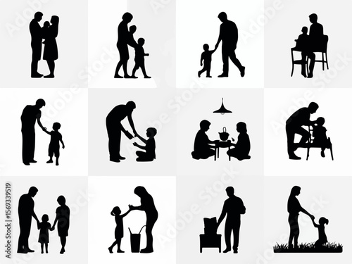 Diverse family moments depicted in black silhouette style showing parents and children interacting in various daily activities and poses