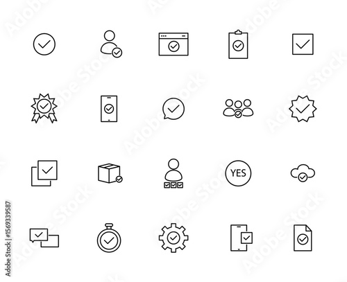Check marks icon set, Thin line business and validation icon set on white background, Minimal Vector Symbols, Check Marks, Users, Documents, Settings, Timers, and Cloud Graphics Collection, vector.