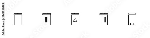 Minimal trash bin icon set on white background, Waste Disposal Symbols Collection, Thin Line Garbage and Recycling Icons, Modern Vector Design Elements, vector illustration.
