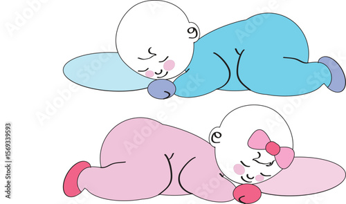 Baby boy and girl sleeping on their stomachs smiling vector illustration cartoon style