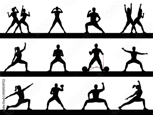 Dynamic martial arts poses collection featuring diverse figures in action and training silhouette