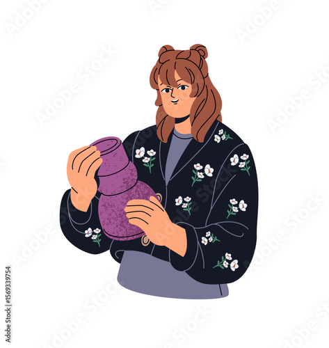 Ceramist does craft, holds crockery, clay vase. Happy girl with crock in hands. Cute woman is making pottery, creates ware with modern shape in art class. Flat isolated vector illustration on white