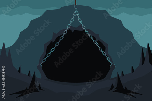 Vector illustration of a man and tent silhouette in a cold winter mountain landscape with snow and blue sky