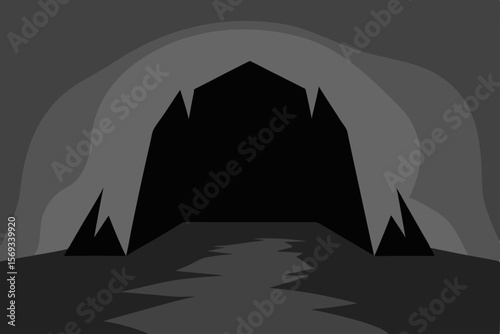 Vector illustration of a desert mountain landscape with a man and camel silhouettes at sunset, featuring pyramids and a tent