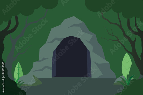 Vector illustration of a whimsical forest home with a sunlit roof and tree-framed windows, blending cartoon design with nature's architecture