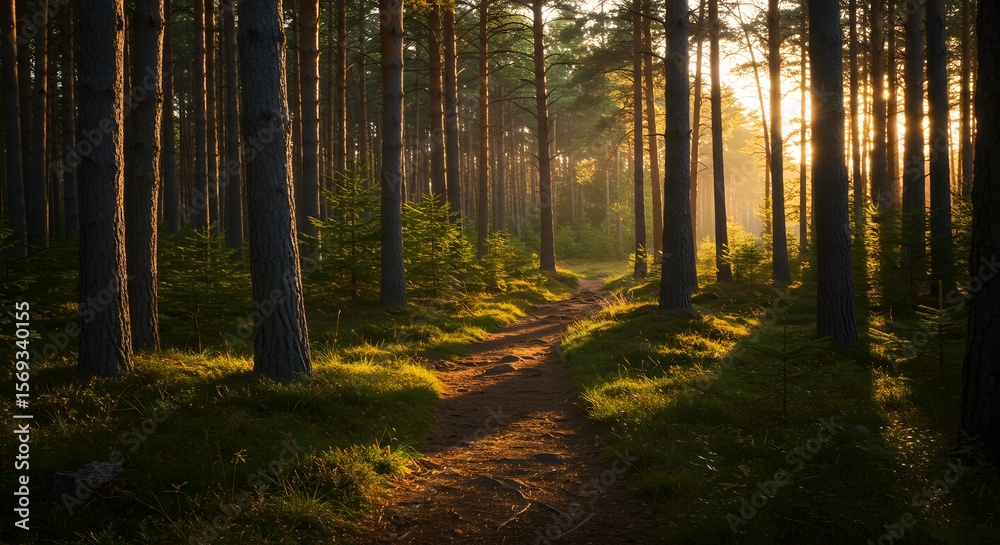 Fototapeta premium Sun Rays Filtering Through Pine Trees in the Forest