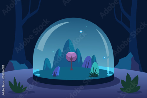 Moonlit winter night landscape with trees and a cat silhouette under a starry sky