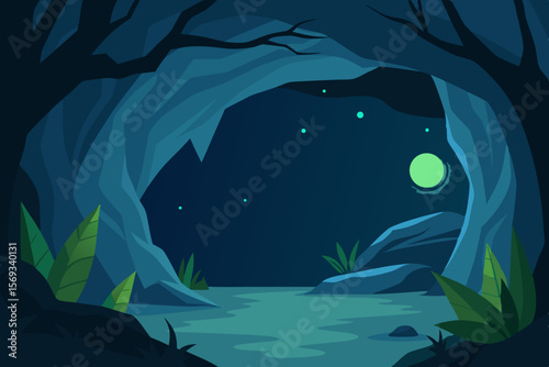 Tropical island at night in the blue ocean with diverse marine life, vector illustration of a deep-sea reef with swimming sharks and dolphins under a moonlit sky