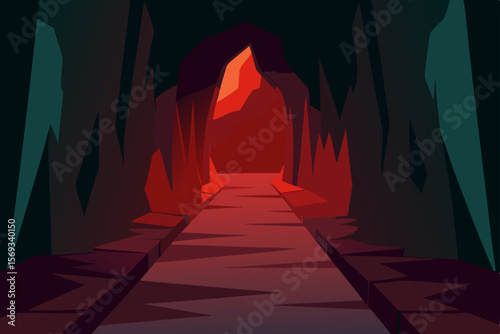 Abstract red architectural background of an old stone temple corridor with ancient columns and a luminous archway