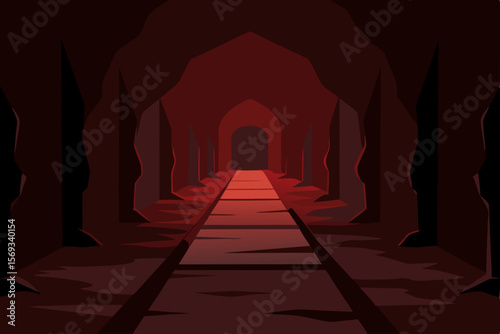 An ancient European palace entrance with a red carpet of light leading through a dark, arched corridor