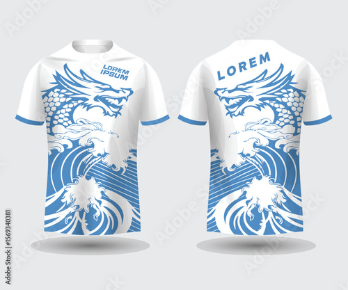 Stylish Dragon and Wave Design on White Sports Jersey