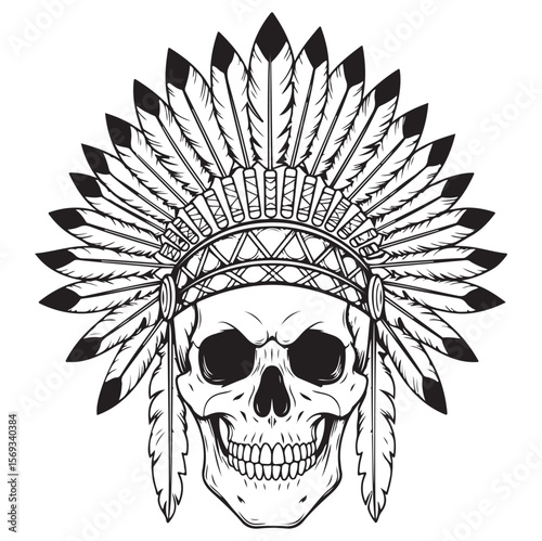Native American Skull with Feathers Vector Art. AI generator