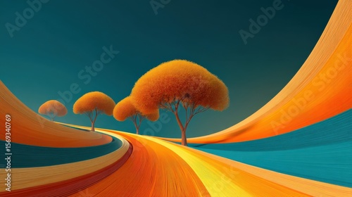 Curved landscape featuring vibrant color bands and several trees with round golden canopies