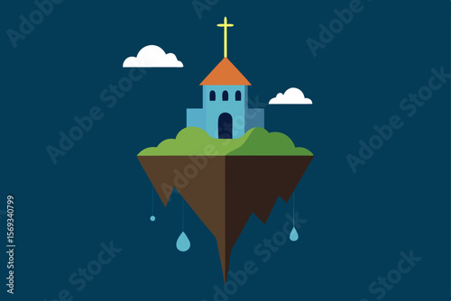 Vector illustration of an old Russian orthodox church with a cross, a white building, and green landscape under the summer sky