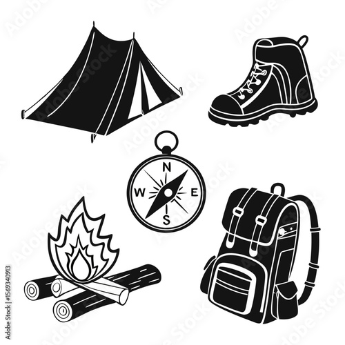 Camping icons isolated on white background show outdoor adventure