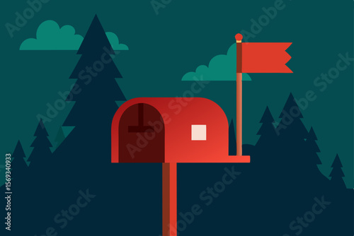 A quaint mailbox adorned with a Christmas letter stands in the snow beside a charming village cottage, a winter symbol of home