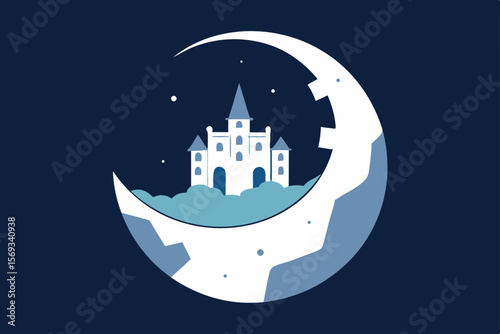 Cartoon vector illustration of a fantasy castle at night with the moon in the sky