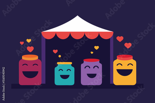 Happy Jars Summer Festival A Delightful Illustration of Joyful Jars under a Festive Tent