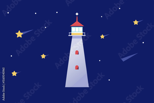 Night Sky Lighthouse Guiding Light Among the Stars